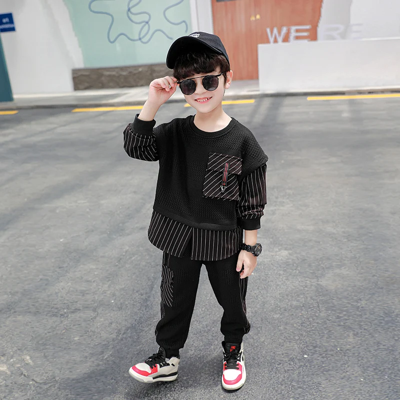 
DRZYF2008B01 Spring Autumn Kids Clothing Sets Fashion Design Casual Black Boy Sweatshirt and Pants Clothes Children 