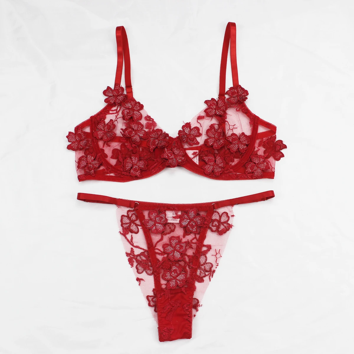 

Hot selling European and American womens sexy underwear Tulle embroidery tempting girl gather bras brief sets, Rose madder