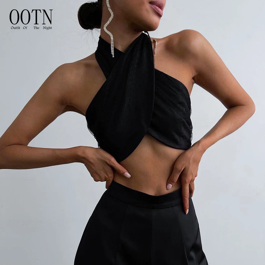 

OOTN Summer 2022 Vacation Female Strappy Tops Black Cropped Sleeveless Halter Camis Fashion Cross Sexy Women Tank Tops