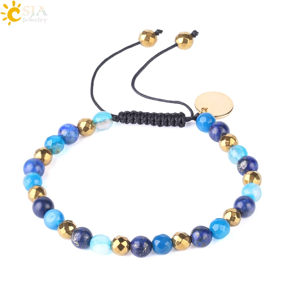 

CSJA wholesale lapis lazuli gold color bead design handmade natural stone adjustable weave bracelet women F536