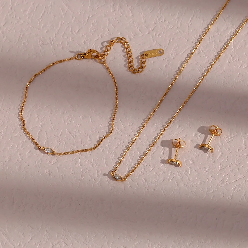 

Dainty 18k Gold Plated Stainless Steel Zircon Charm Necklace Bracelet Earring Tarnish Free Jewelry Sets Ensembles De Bijoux