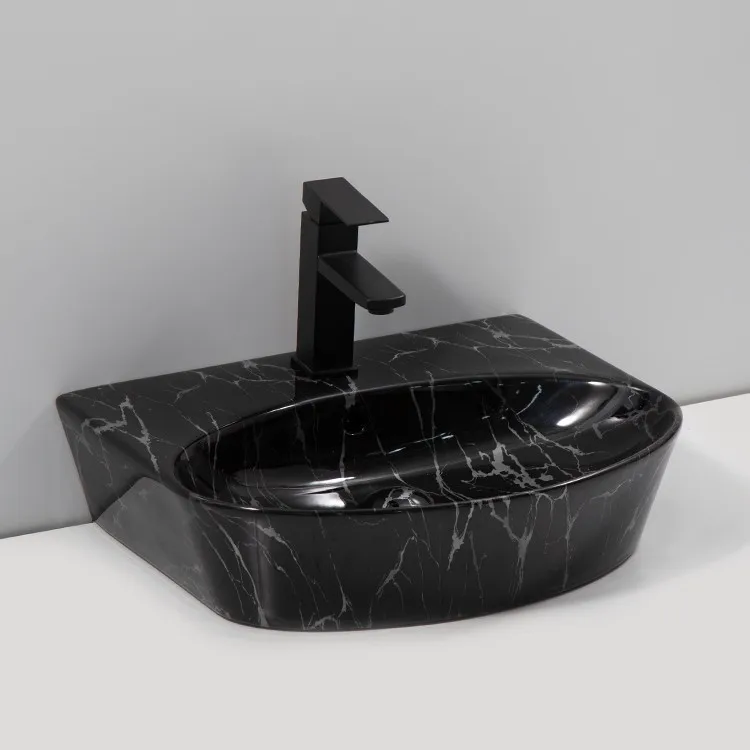 black-marble-bathroom-sink-9757B-P-226-side-angle-gloss-reflection-black-marble-lightning-vein-curved-front