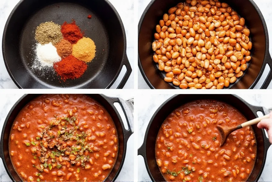 Step-by-step preparation of pinto bean chili showing beans, spices, and vegetables in a cast iron pot