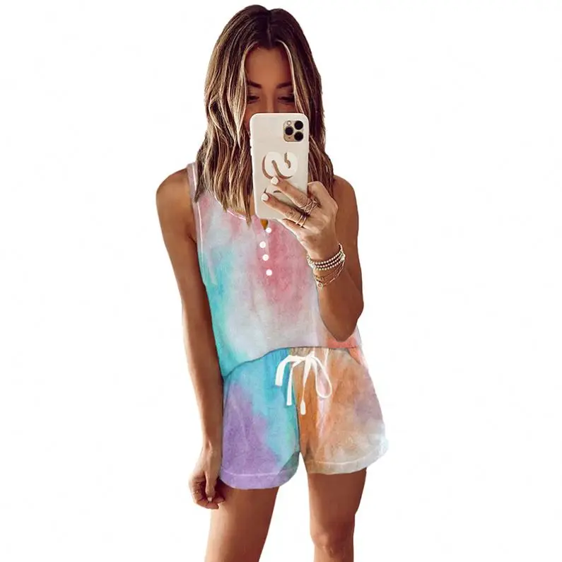 

High Quality Summer Casual Tie-Dye Knit Sleeveless Shorts Sexy Pajamas Set Women
