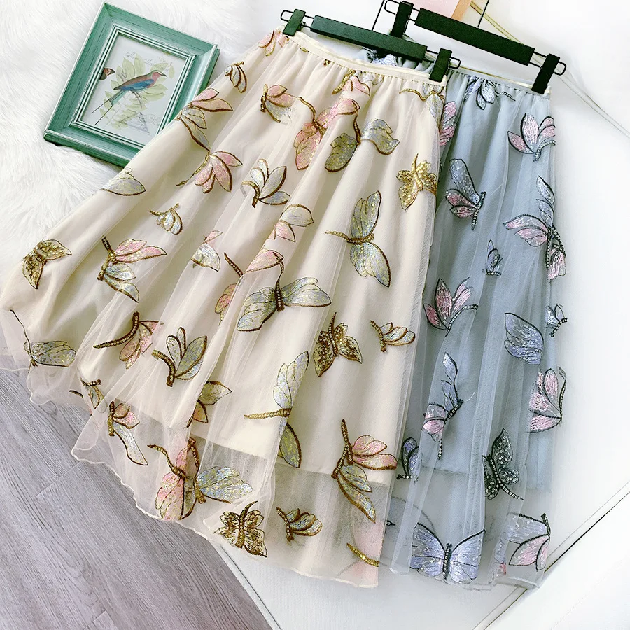 

B52986A 2020 Summer new sweet lady nice embroidery sequined long skirt