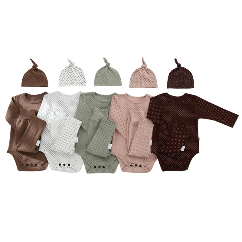 

Wholesale 3 Pieces Infant Jogging Suit Newborn Baby Girl Boy Romper Pants Sets With Hat, As pictures