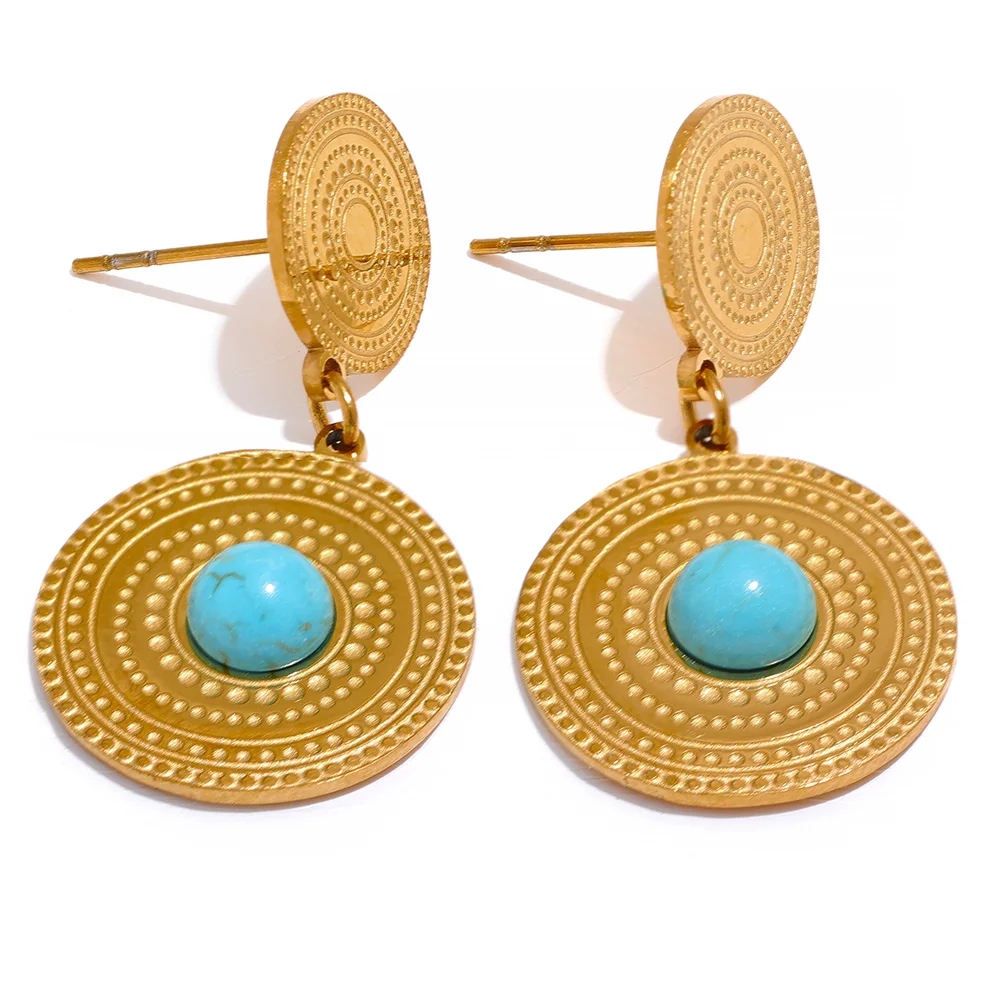 

JINYOU 1584 Trendy Stainless Steel Gold Round Geometric Drop Stylish Earrings for Women Statement Charms Turquoise Basic Jewelry