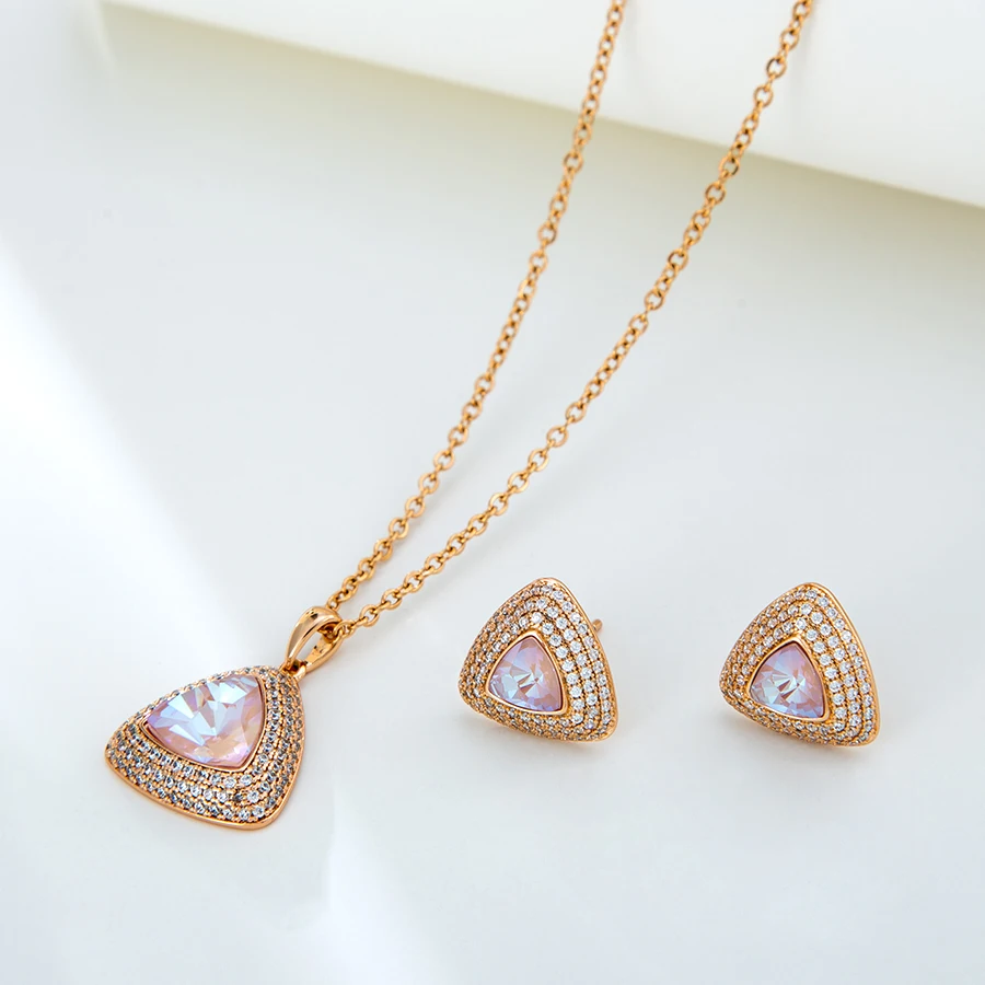 

X000647248 XUPING Jewelry Charming Triangular Pink Transparent Diamonds Earring Necklace Ladies Jewelry set