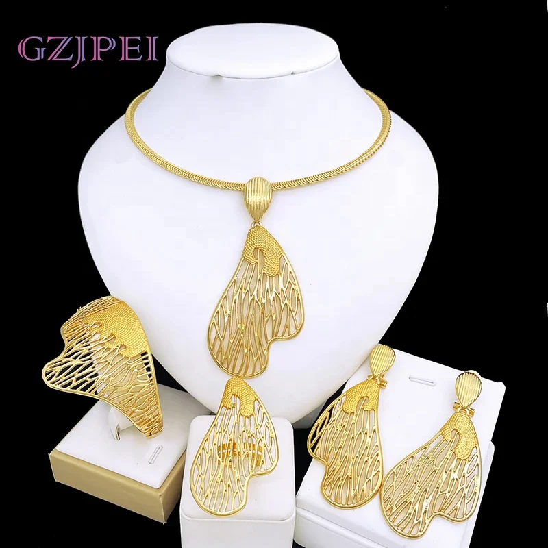 

Brazilian Gold Color Jewelry Set Women Fashion Jewelry Trendy 18K Gold Plated Necklace Earrings Bracelet And Ring