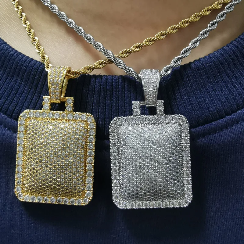 

Men's Hip Hop Ice Rhinestone Necklace Gold plated small square pendant Necklace Men's Jewelry stainless steel chain