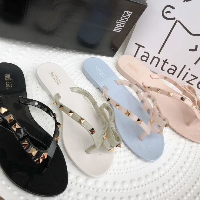 

Melissa slippers bowknot flat sandals Riveted Lady flip-flops non-slip holiday beach shoes