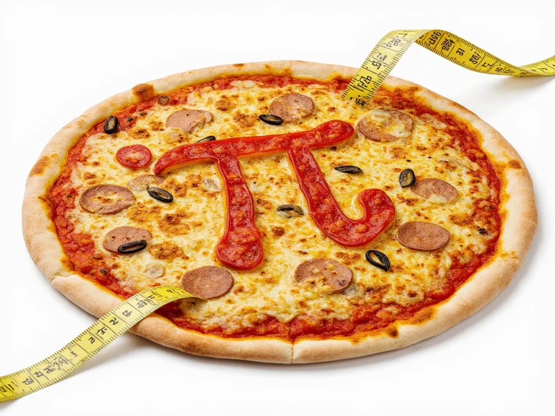 Finished pi symbol pizza with measuring tape demonstrating circumference