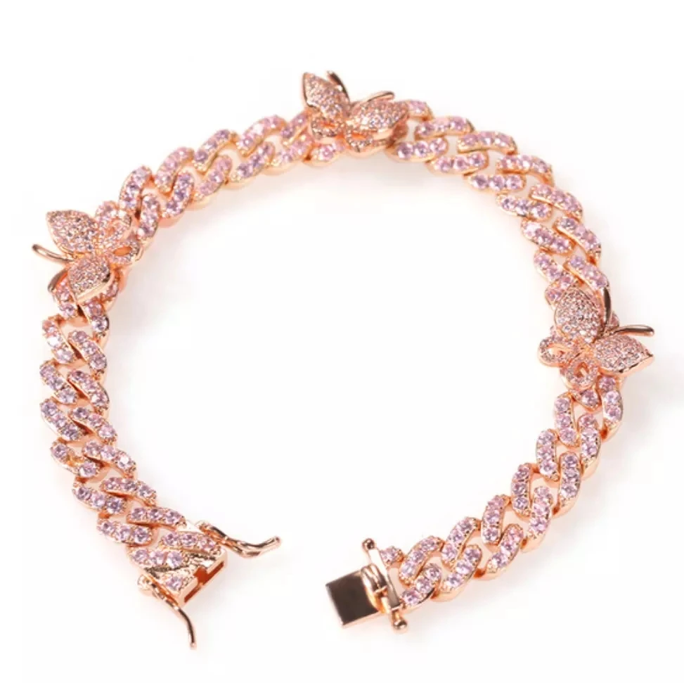 

8mm 9inch gold silver pink Cuban Link small Butterfly Anklet