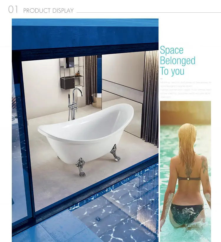 Kamali SP1896 classical luxury hotel freestanding acrylic bathtubs with feet or leg factory price plastic clawfoot bathtub