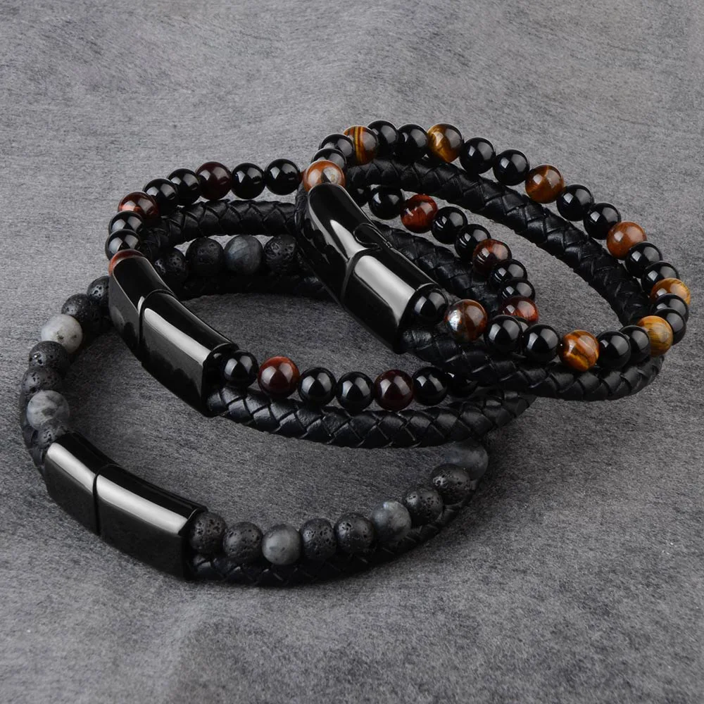 

Wholesale Tiger Eyes Stone Beads Bracelet No Fade Stainless Steel Magnetic Clasp Black Genuine Leather Braided Bracelet