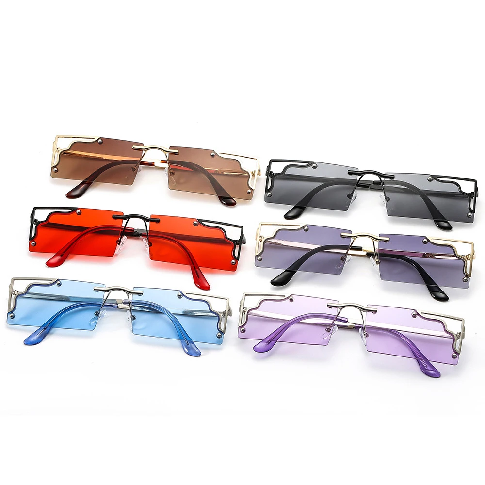 

Ins Vintage Style Hot Sale Hollow Out Lens Design Rimless Rectangle Shades Square Summer Sunglasses, 6 colors