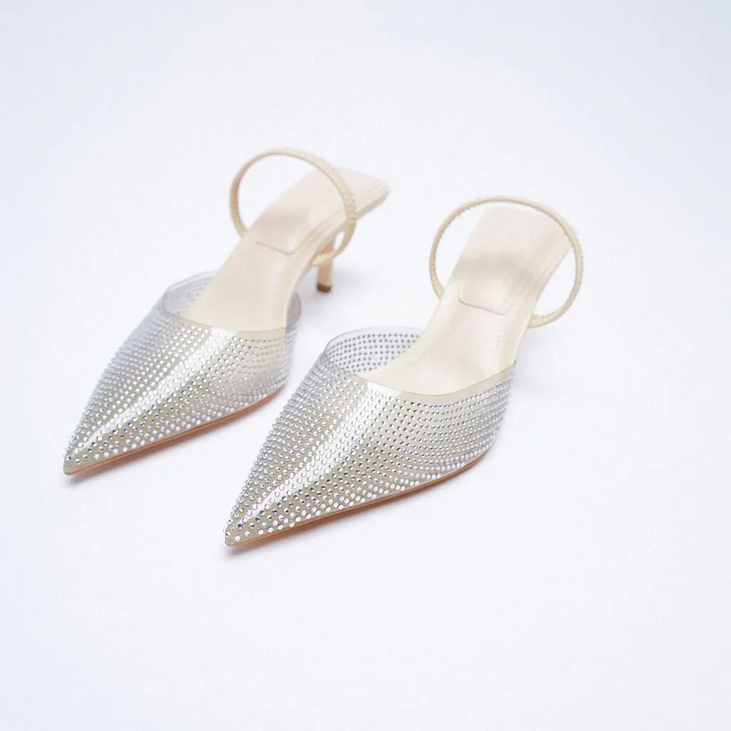 

Summer Womenjelly Shoes Woman Pointed Toe High Heels Ladies Fashion Slip On Casual Female Footwear Transparent Crystal Sandals, Black