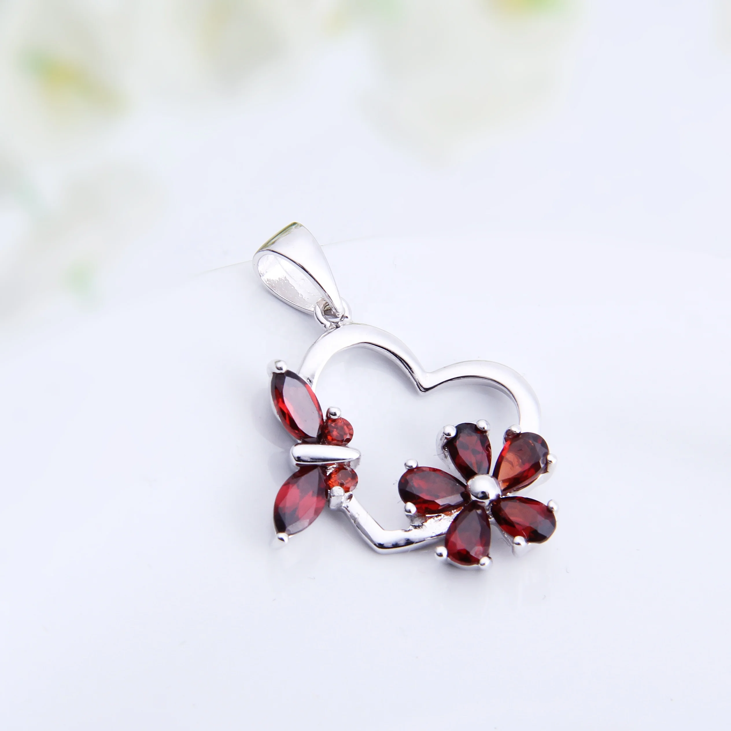 

Abiding natural garnet gemstone 925 sterling silver fashion heart butterfly flower charms pendant for girlfriend fine gifts