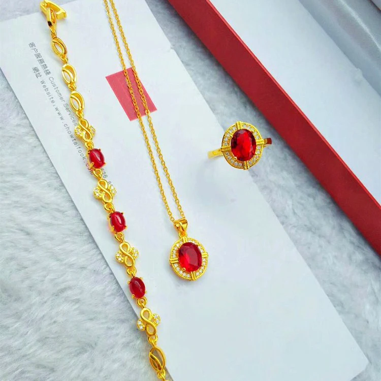 

Gold Micro Inlaid Brass Gold Plated Gold Bracelet Pendant Ring Necklace Women Set
