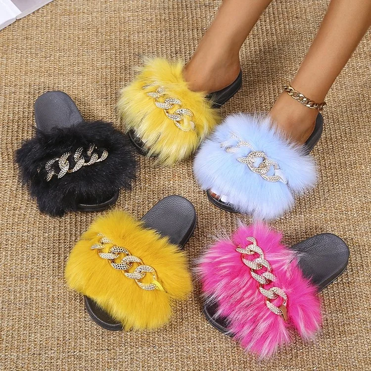 

Leslides Big Fur Furry Fur Slippers Fluffy Flip Flops Diamond Chain Fur Slides For Women Ladies House Slippers Beach Flat Sandal, Yellow blue black red