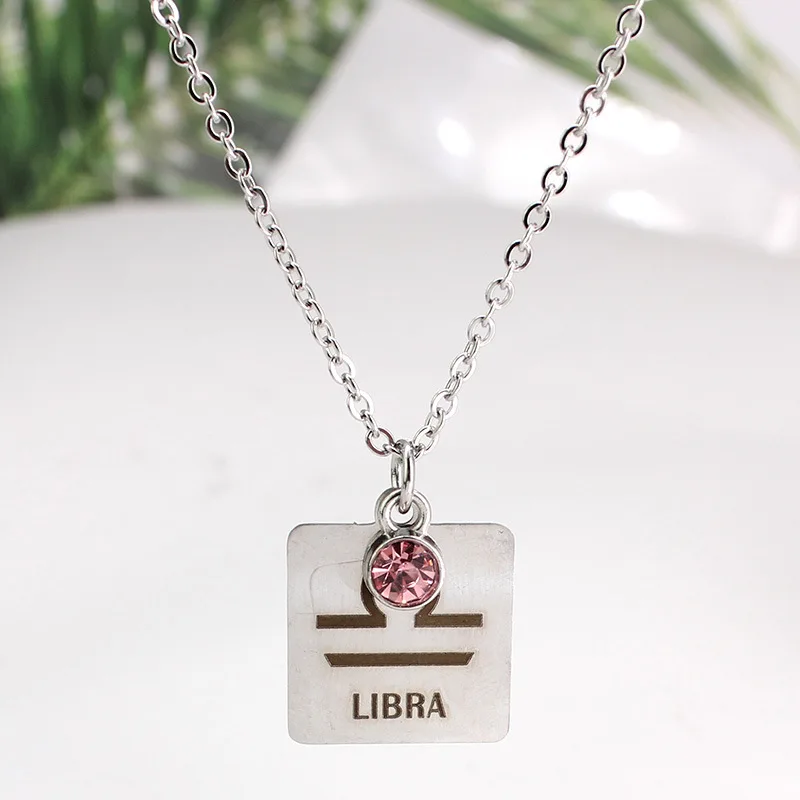 

12 Zodiac Necklace Charm Birthday Stone Stainless Lazer Zodiac Sign Necklace ZU023, Champagne