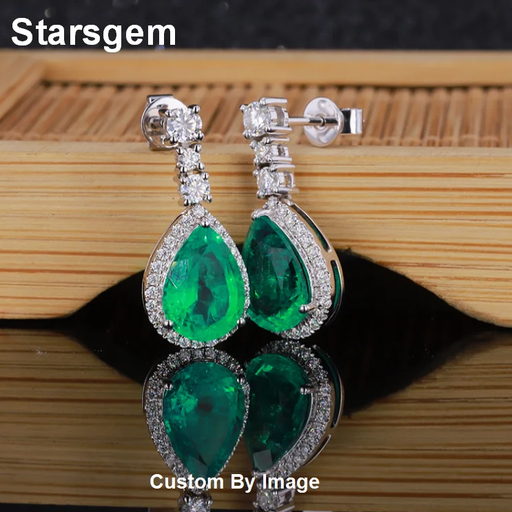 

Starsgem Trendy Jewelry 7*10mm Pear Cut Emerald With Diamond Bridal Drop Earrings