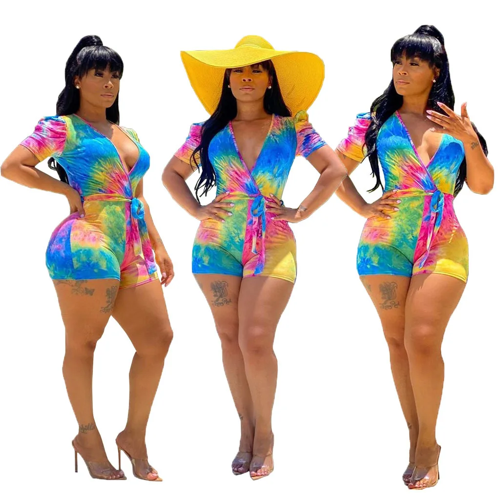 

2021 Fashion women's deep V-neck Jumpsuit boutique tie dye printed shorts sexy summer beach Jumpsuit women's Jumpsuit