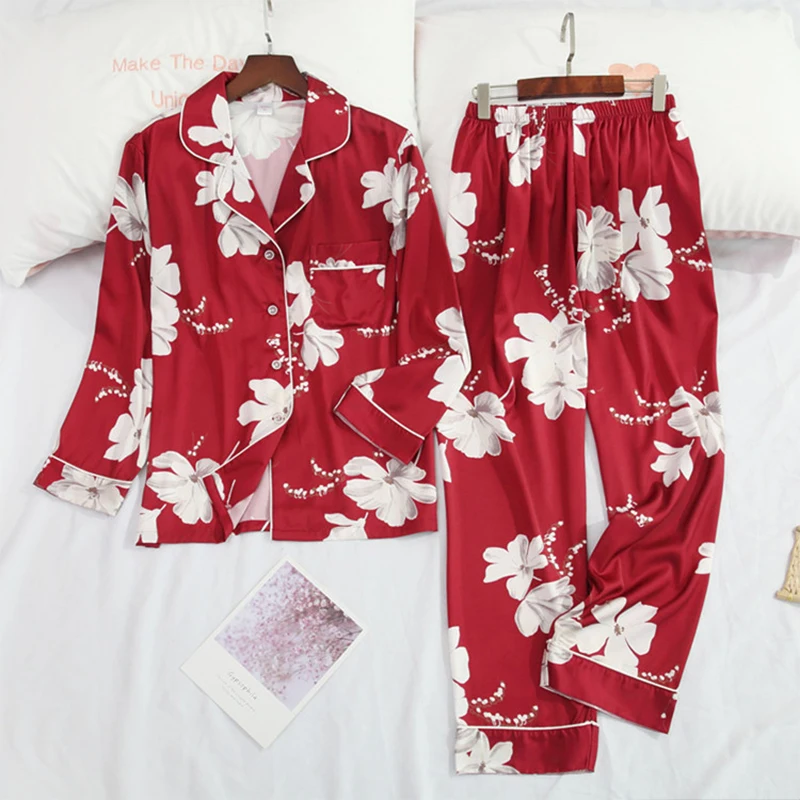 

JULY'S SONG 2 Piece Women Satin Pajama Suit Retro Floral Printed Women's Homewear Loungewear Spring Autumn Long Sleeve Sleepwear, Black blue red pink printed