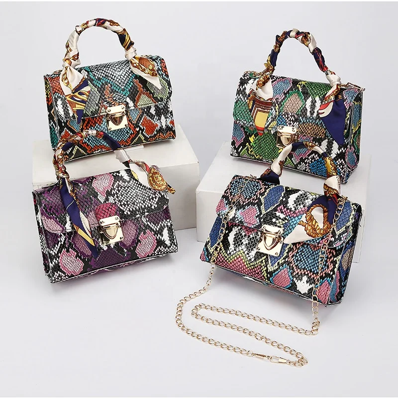 

Factory Wholesale Newest Style Snakeskin Colorful Mini Handbags Silk Scraf Decoration Luxury Handbags For Women, Multi