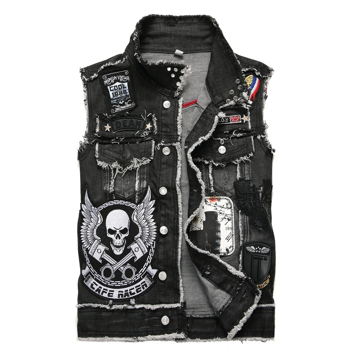 

Punk Black Badge Embroidery Waistcoat Denim Motorcycle Vest