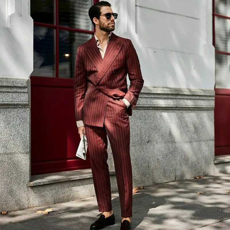 

British Style Pinstriped Mens Suits 2 Pieces Burgundy Double Breasted Man Pants Suit Business Wedding Blazer (Jacket+Pants), Custom made