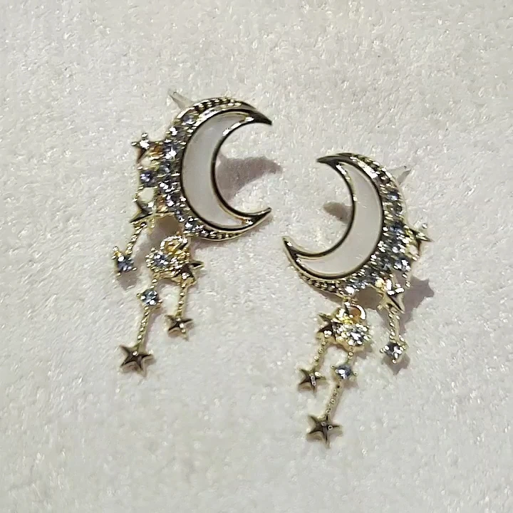 

Delicate Tiny Gold Plated Earrings Charm Cz Crystal Moon Star Dangle Drop Earrings, Gold color