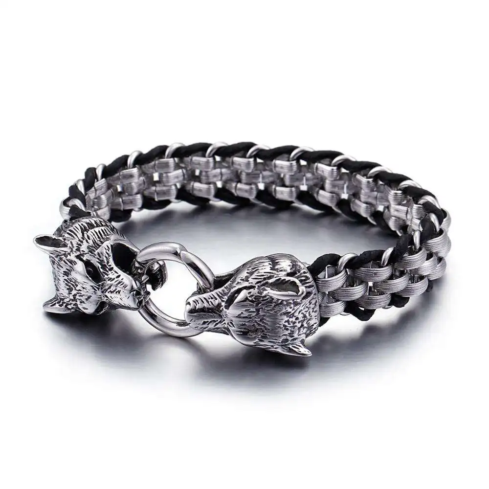 

KALEN Stainless steel Leather Animal Wolf Bracelet Silver Bracelet For Men