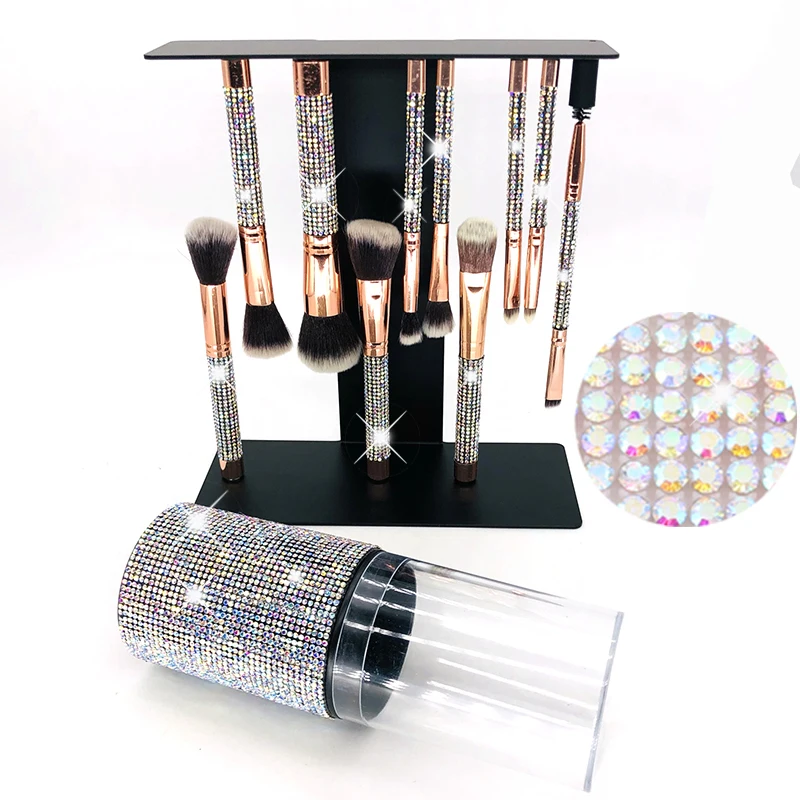 

Free Sample Rose Golden Glitter Handle 10pcs Crystal Diamond Foundation Brush Set With Pu Bag Makeup Brushes