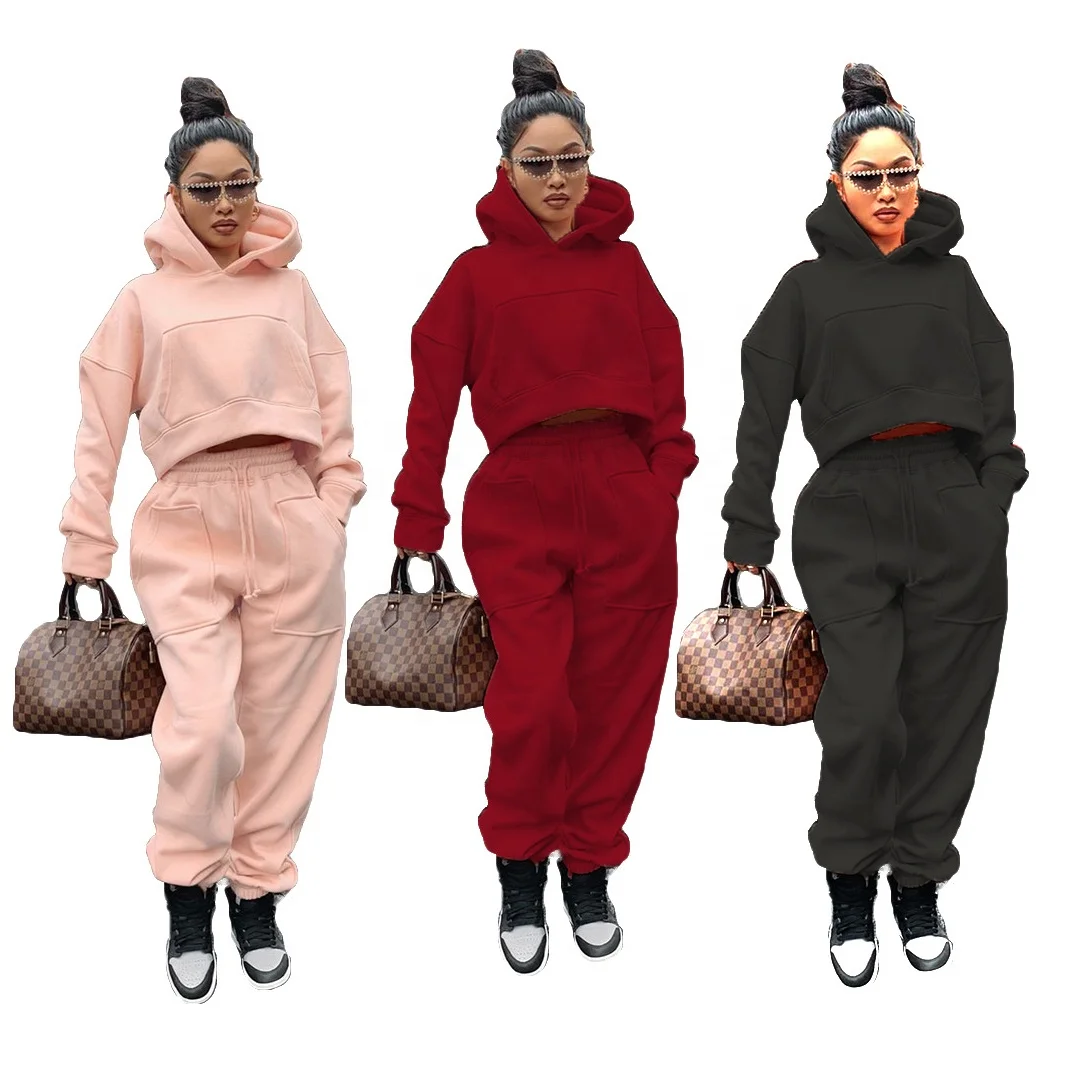 

S - 3XL INS fashion winter hoodies two piece tracksuit casual womens fleece hoodie and jogger set
