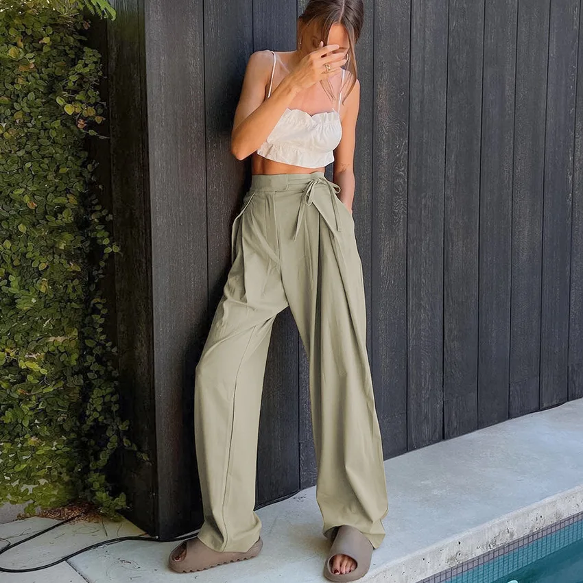 

Fashion Green Loose Straight High Waist Temperament Commuter Casual Drape Wide Leg Pants Women