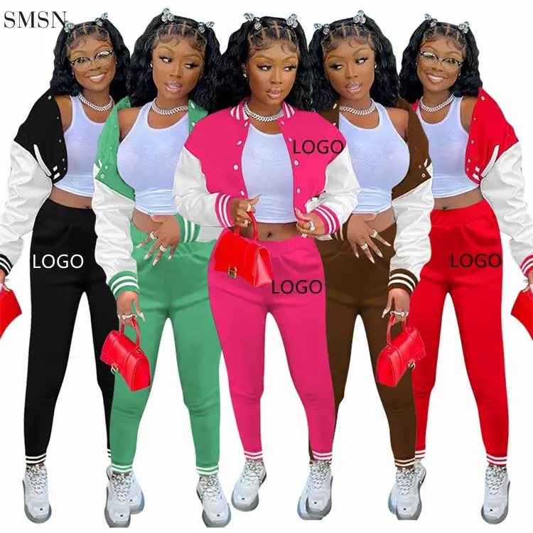 

Custom Logo Patchwork Long Sleeve Multi Button Crop Top Elastic Casual Pant Sportswear Two Piece Set Women Clothing