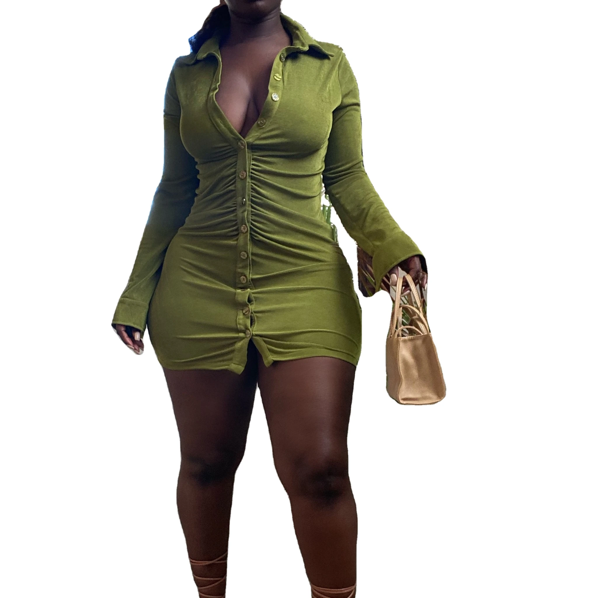 

Wholesale Summer Women Sexy V-Neck Long Sleeve Stretch Mini Ruched Bodycon Dress