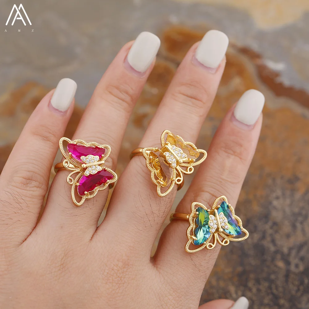 

Turn Ring, Crystal Glass , Butterfly Gold Jewelry, Birthday Gift for Girl Women