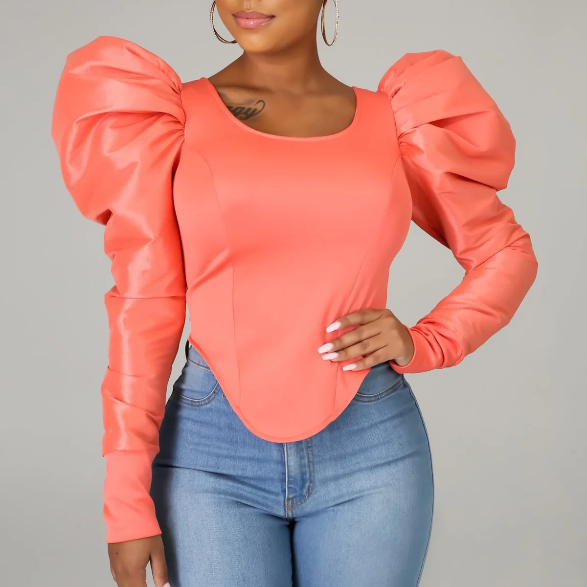 

Summer Fashion Puff Sleeve Korean Round Collar Solid Long-sleeved Women Blouse