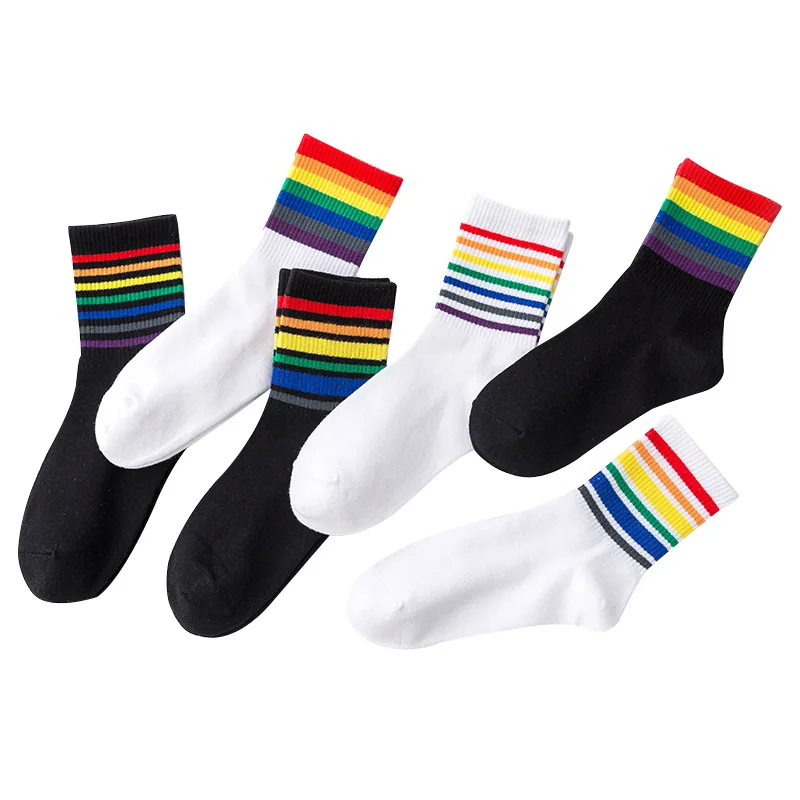 

Custom Designer Cotton Rainbow Socks Crew Stripe yiwu Korea Harajuku style pride socks for men&women, Black and white