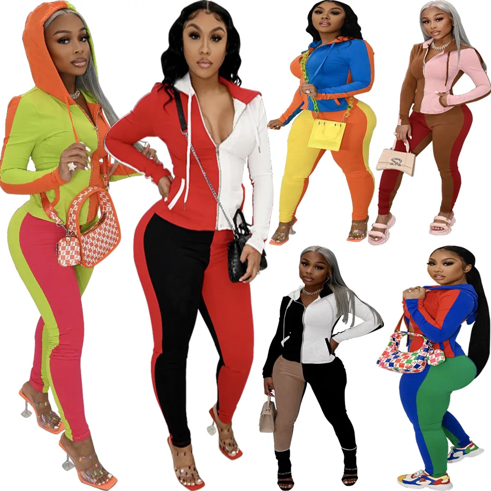 

Wholesale Women Color Block Zipper Hoodies Track Pants Slim Two Piece Set Autumn Casual Sweatsuit Outfits, Pictures showed