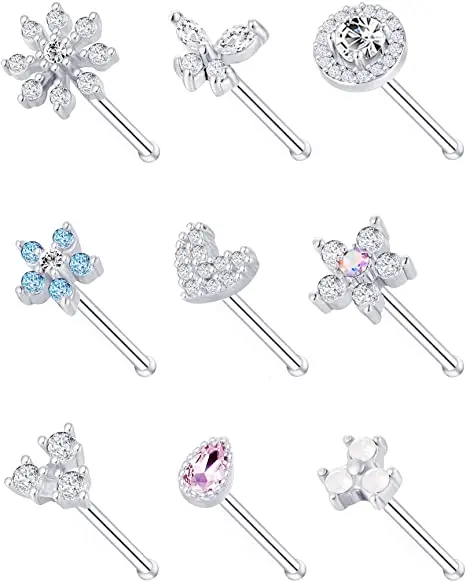 

Wholesale Shiny CZ Snowflake Butterfly Flower Nose Stud Body Piercing Jewelry Stainless Steel Bone Shaped Nose Rings Stud for 20