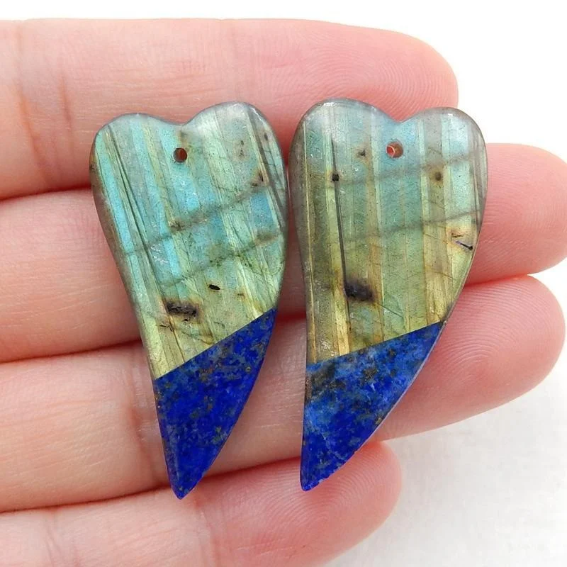 

Shining Green Color Labradorite Inlay Blue Lapis Lazuli Heart Earring Pendants Gemstone Pair For Wholesale, 36x18x5mm, 10.2g, 100% natural color