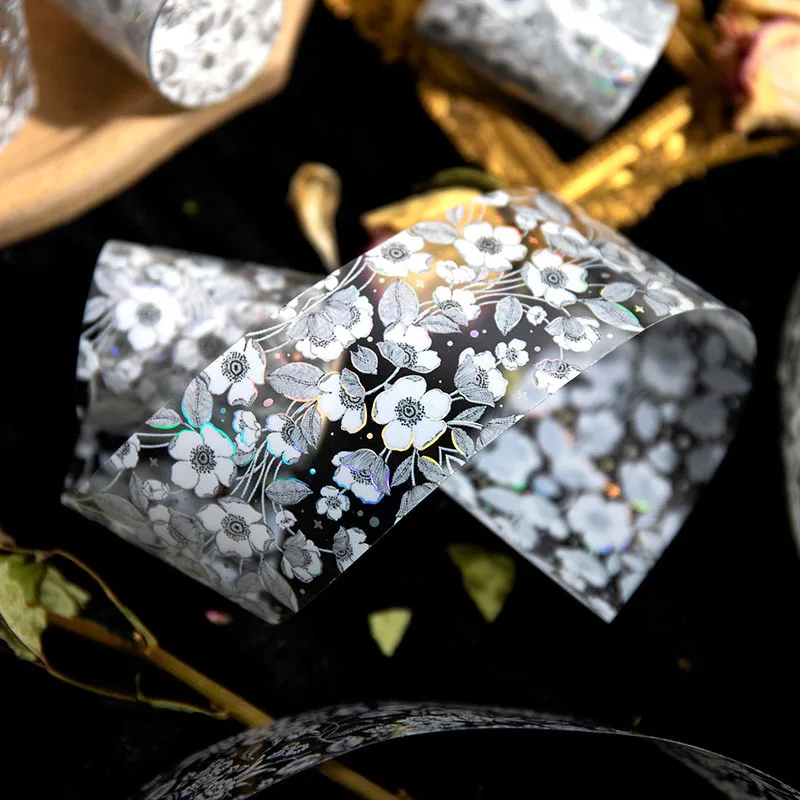 

3m Length/Roll Hot Silver Tape Plain Brocade Flower Series Vintage Ornament Material Collage Journal Stickers 8 Models