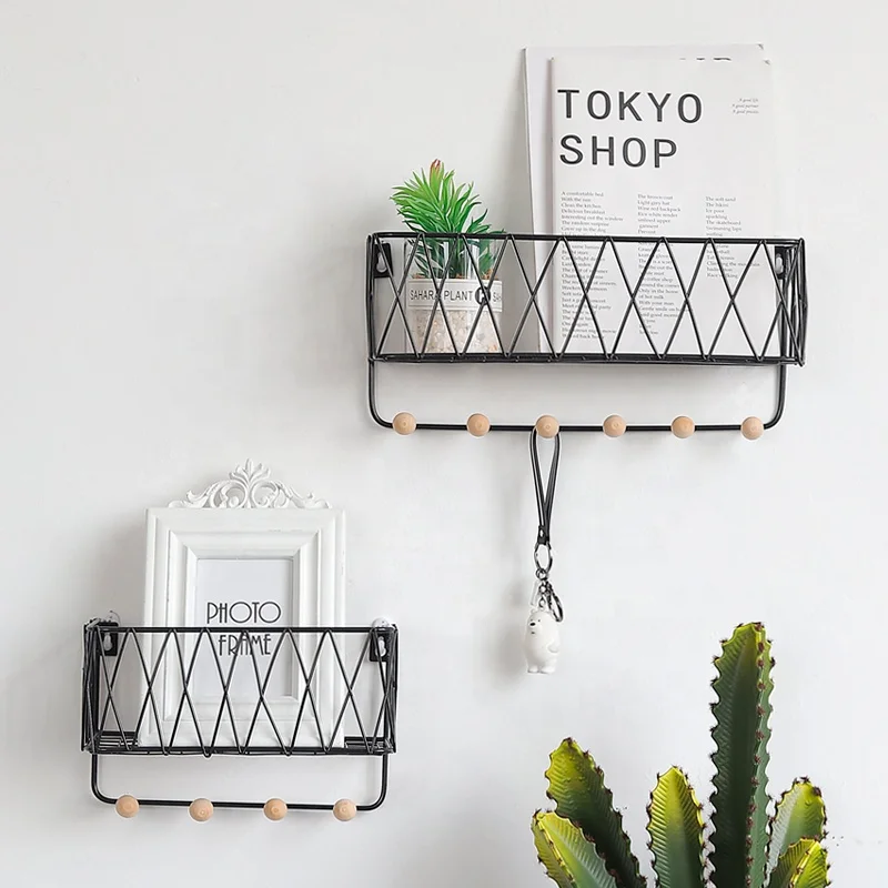 

Spot hot selling modern grid iron hanging shelves for wall home organizer multifunctional bedroom living room coat hooks, Black white