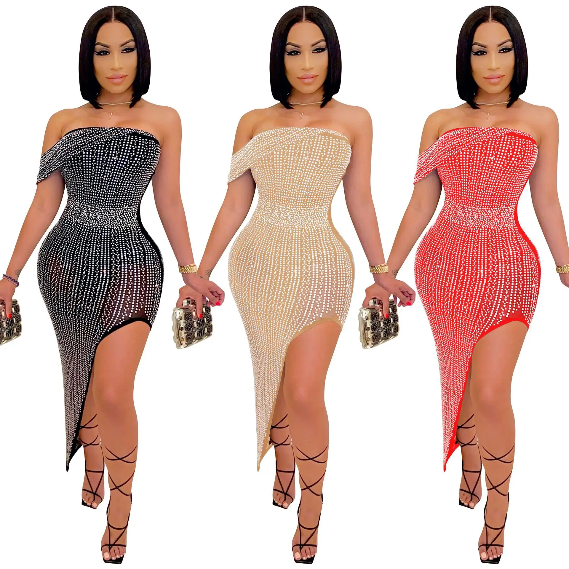 

Asymmetric Maxi High Slit Dress Sexy Elegant Night Club Party See Through Rhinestone Dresses Gowns