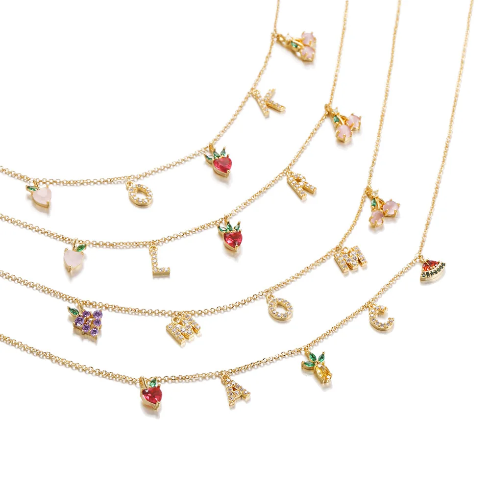 

Fashion gold plated DIY fruit initial cherry grape peach charm necklace