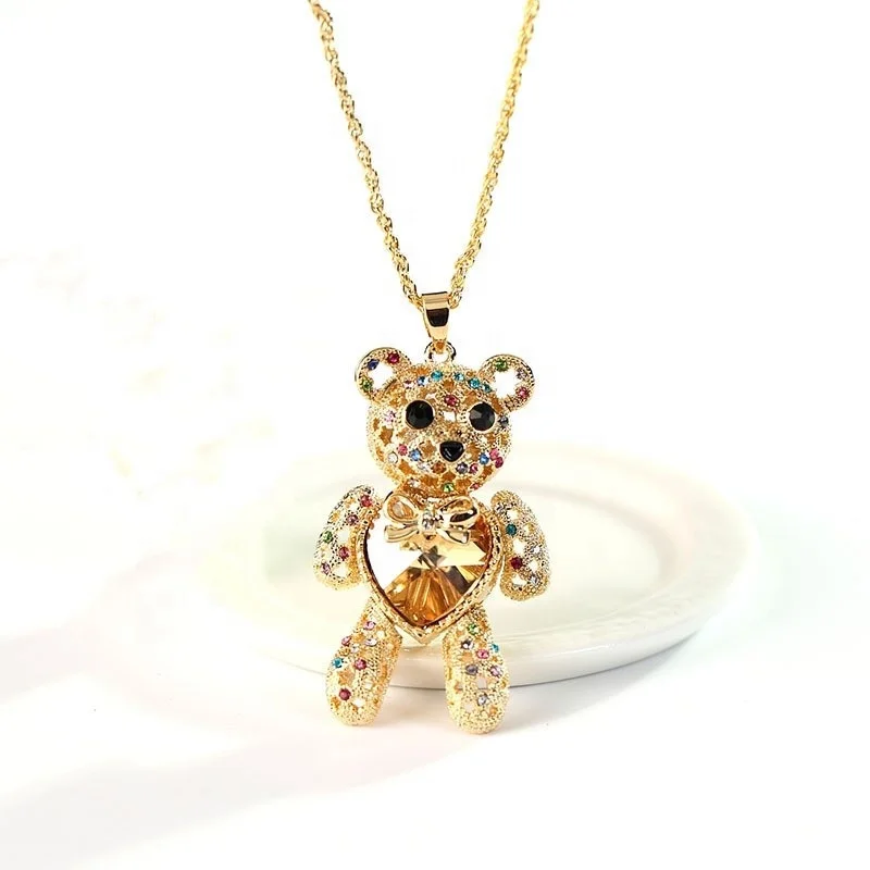 

Crystal Love Heart Gold Plated Jewelry Long Teddy Bear Necklace for Women