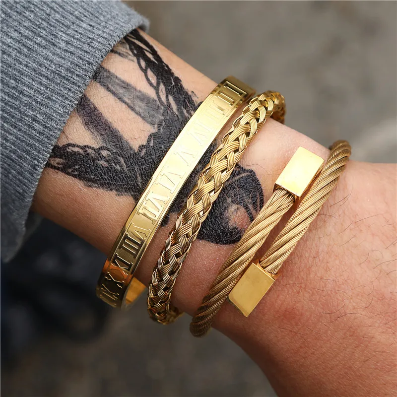 

Hot Selling 3pcs/Set Luxury Men's Royal Cuff Bangle Set For Men 18k Gold Plated Stainless Steel Bracelets